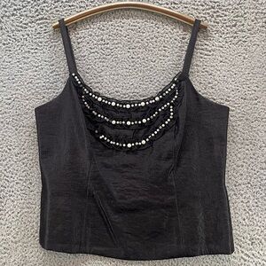 VTG J.R. Nites by Carol Lin Black Pearl Beaded Corset Sleeveless Top Whimsigoth